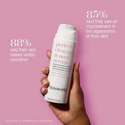 Hand holding a 'perfect cleavage & neck serum' with statistics on a pink background