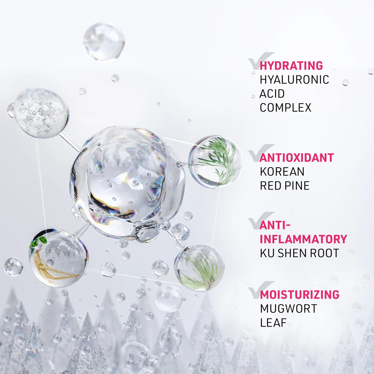 Skincare product with droplets and text highlighting ingredients on a white background