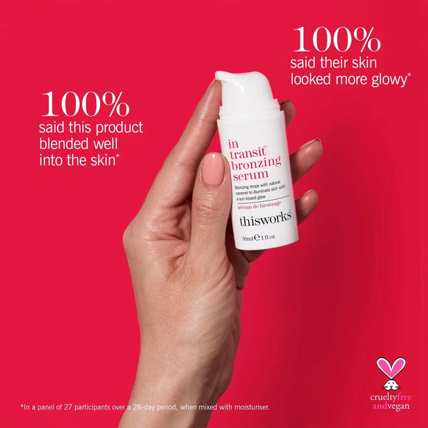 Hand holding a white bottle with text on a red background