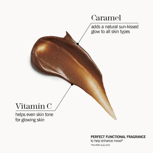 Caramel-colored cosmetic product with text on a white background