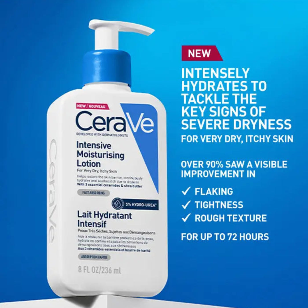 CeraVe intensive moisturizing lotion with pump on a blue background