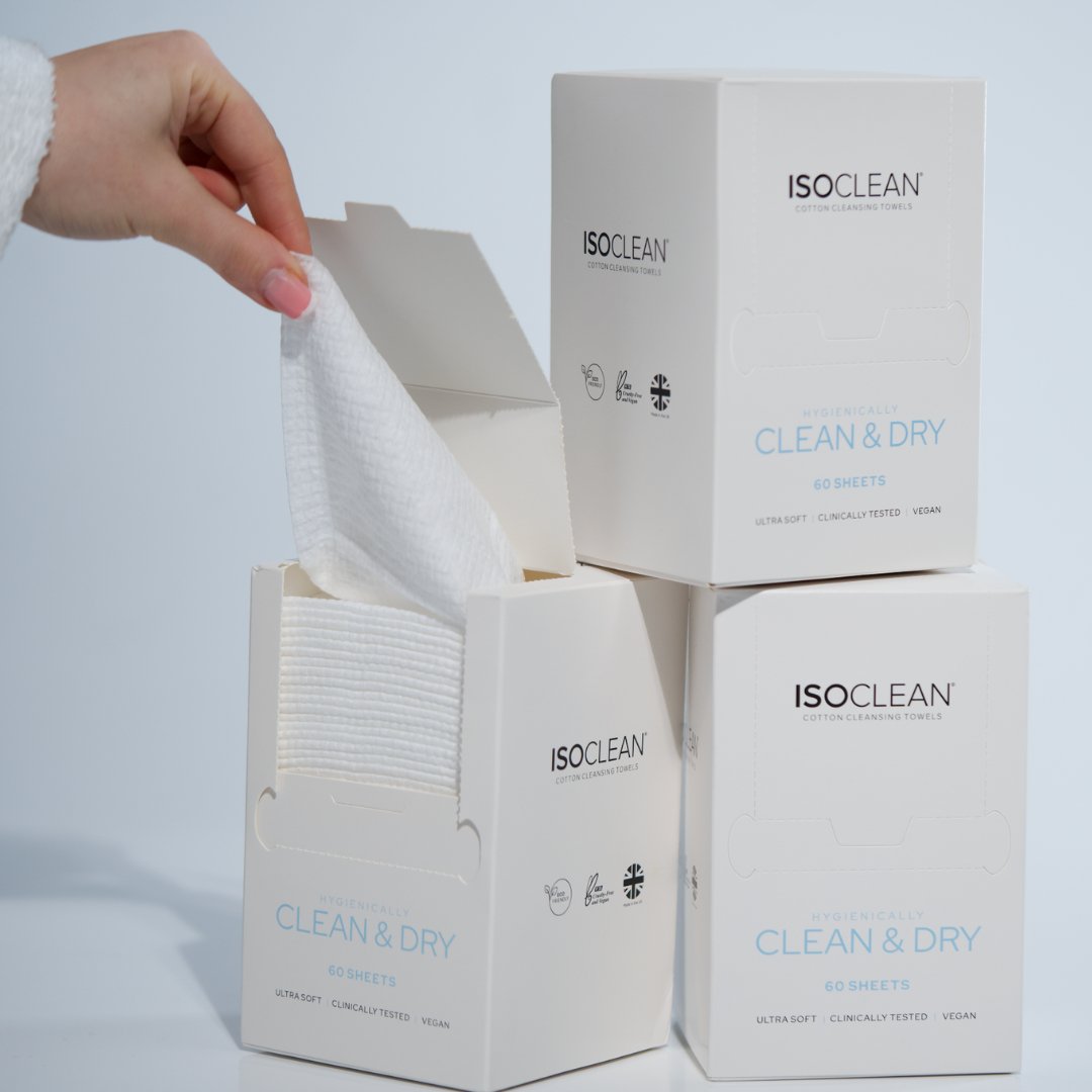 ISO CLEAN tissues with packaging on a light gray background