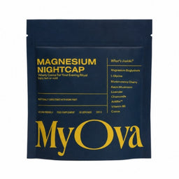 A dark navy blue stand-up pouch of MyOva Magnesium Nightcap food supplement, featuring yellow text and a white background.