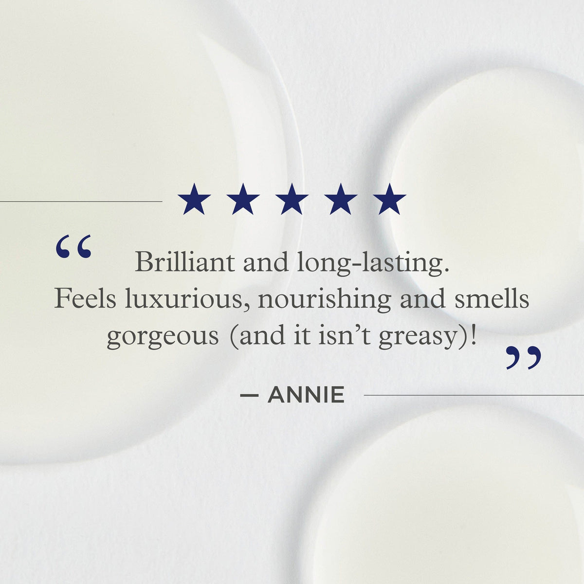 Product review with five stars and a quote from Annie on a light background