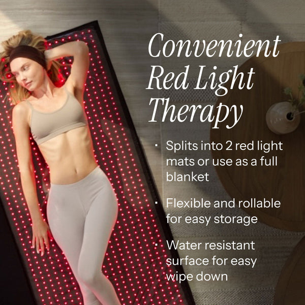 Person using a red light therapy mat with text highlighting features.