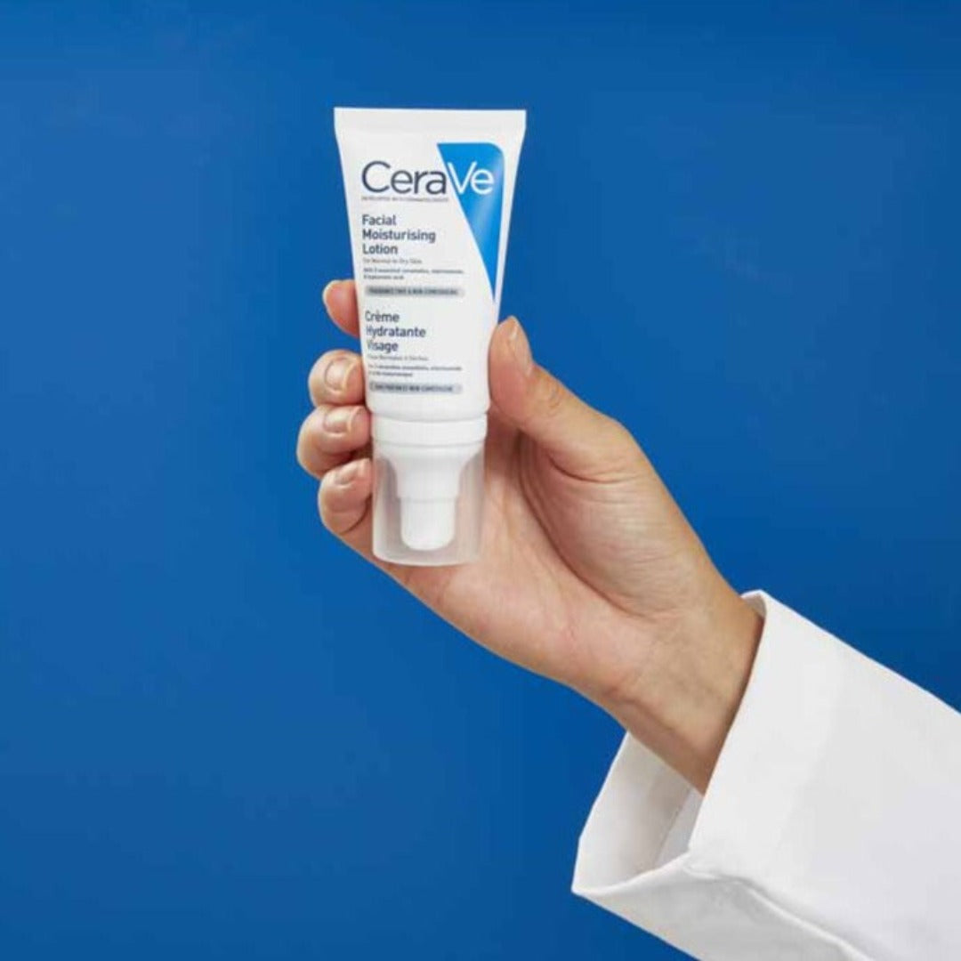 Model holding CeraVe Facial Moisturising Lotion