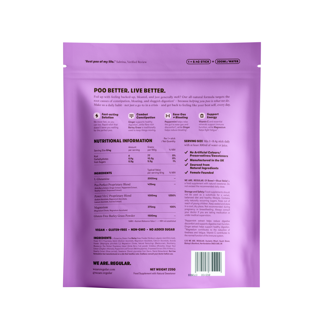 The back of a purple stand-up pouch package, showing nutritional information, ingredients, and product details on a plain white background.