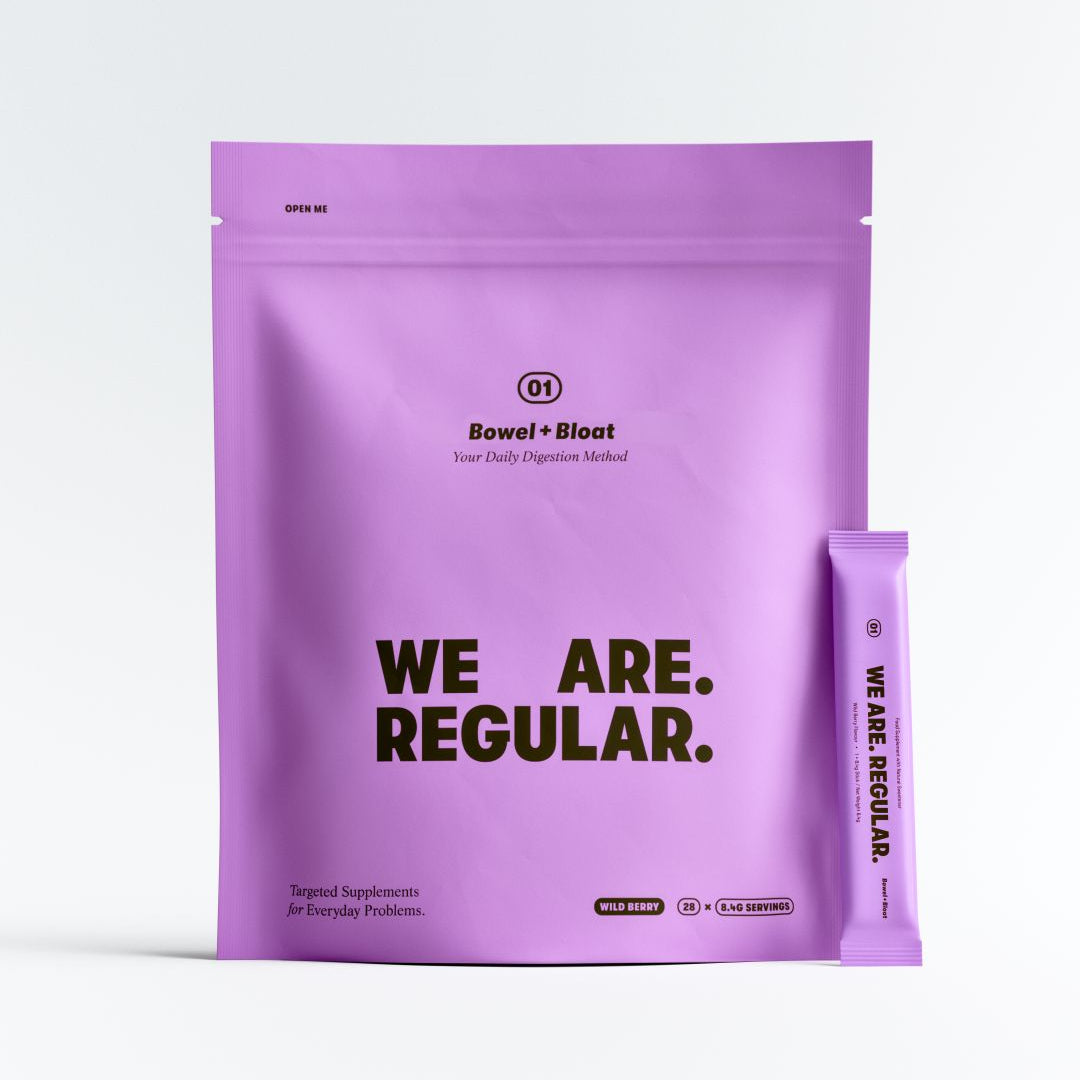A lavender purple stand-up pouch labeled 'G1 Bowel + Bloat' with the slogan 'WE ARE. REGULAR.