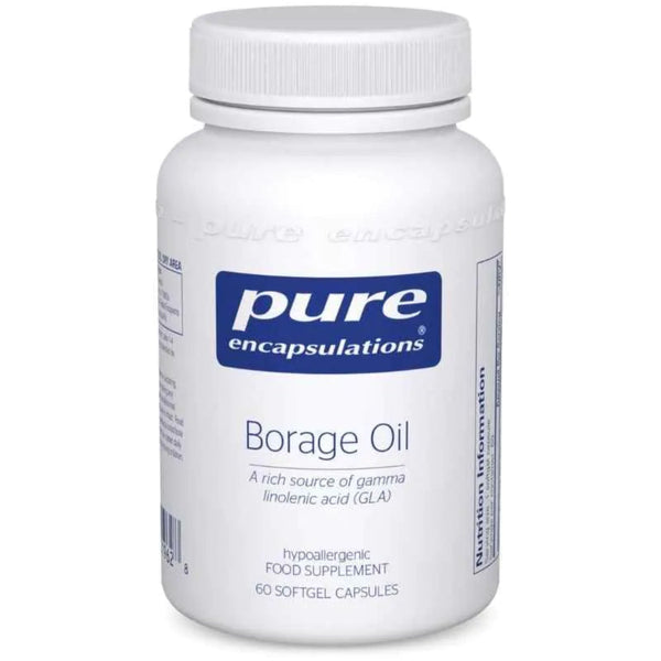 A white plastic bottle of Pure Encapsulations Borage Oil food supplement, featuring a blue and white label, on a clean white background.