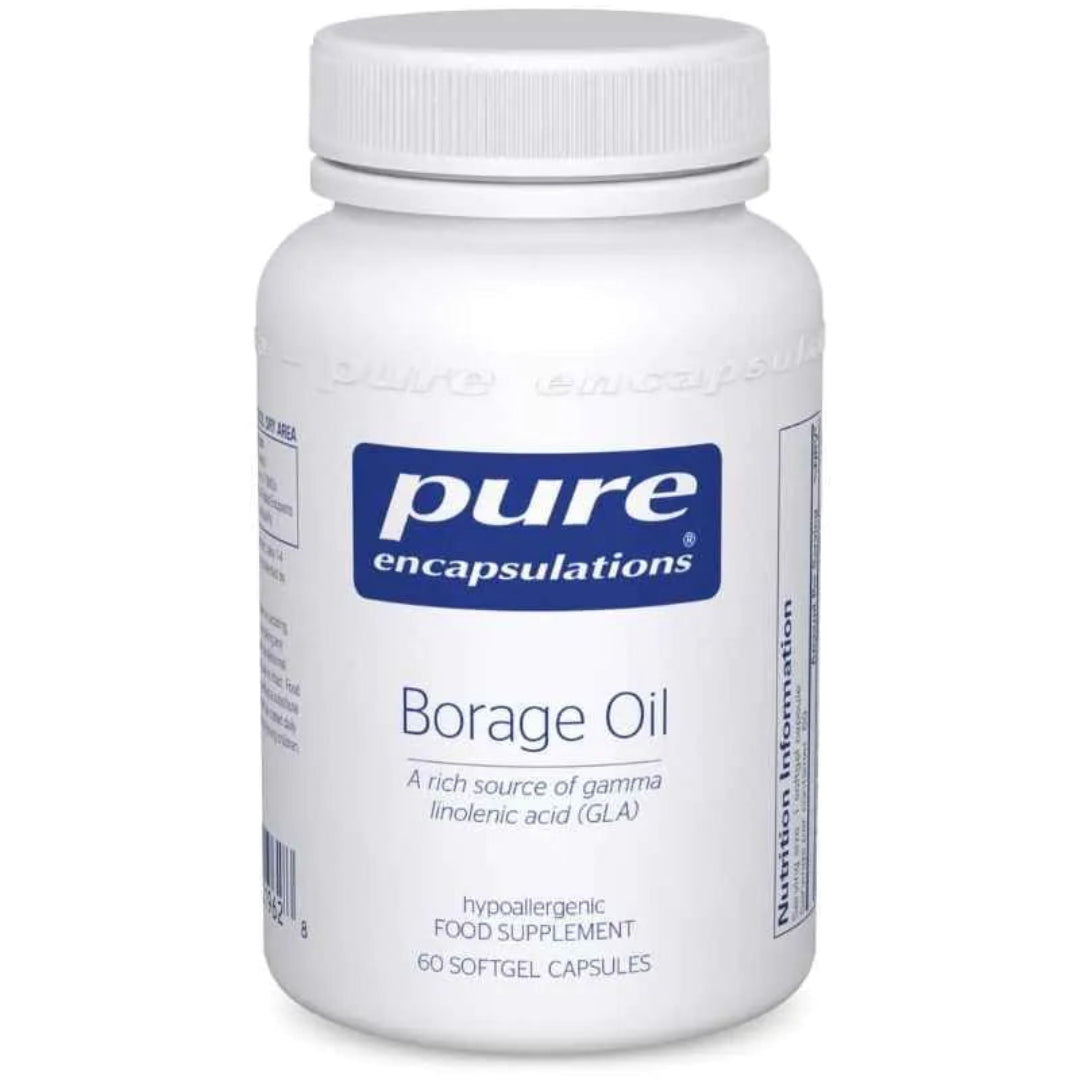 A white plastic bottle of Pure Encapsulations Borage Oil food supplement, featuring a blue and white label, on a clean white background.