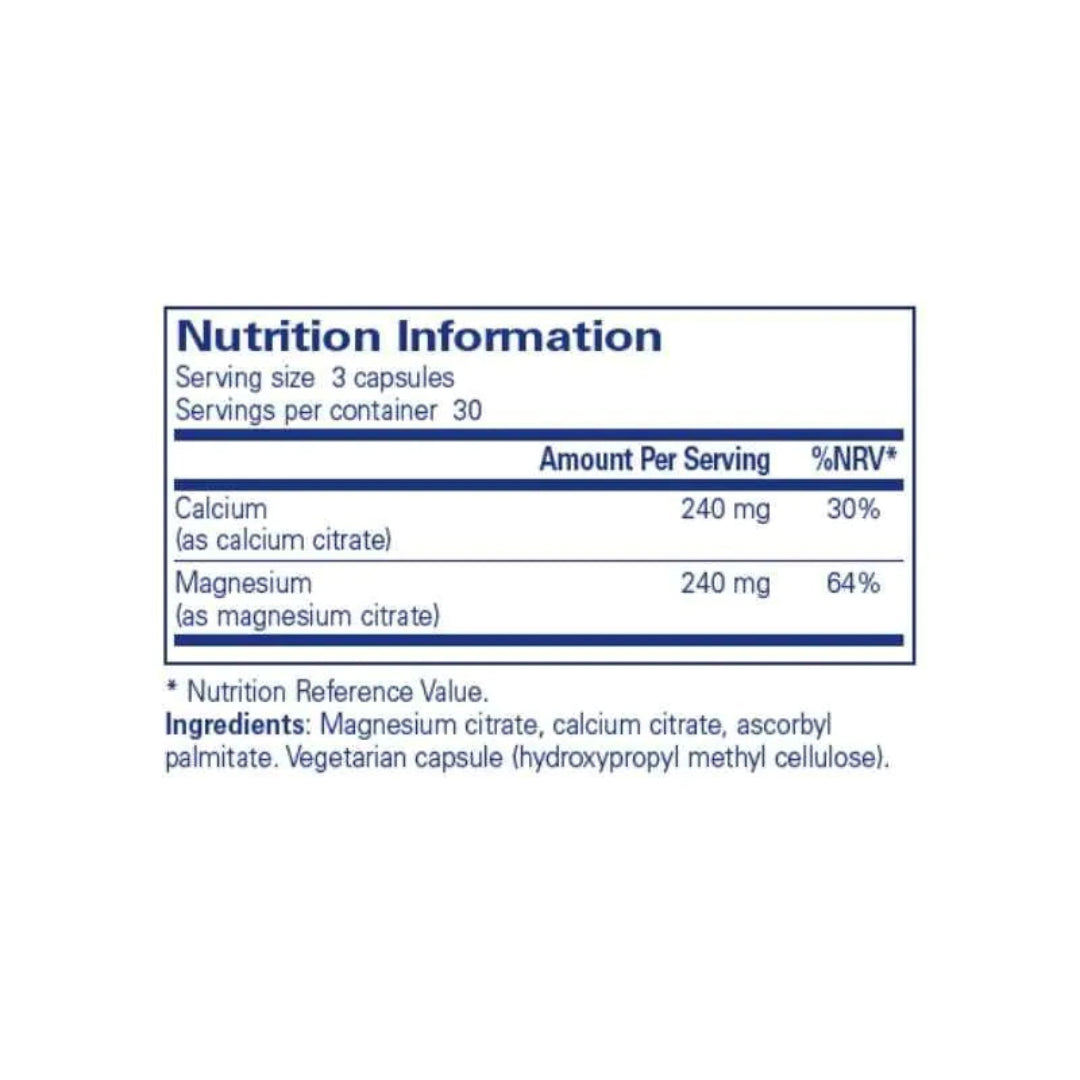A Nutrition Information label on a white background, showing serving size 3 capsules and a table with calcium 240 mg (30%) and magnesium 240 mg (64%) per serving.