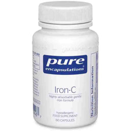 A white plastic bottle of Pure Encapsulations Iron-C dietary supplement with a white ribbed cap, on a white background.