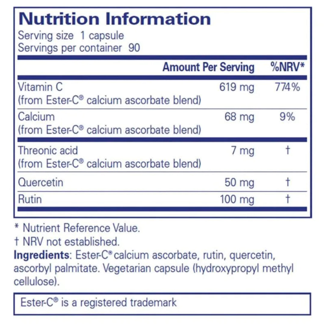 A Nutrition Information label for Ester-C calcium ascorbate, showing serving size, calories, vitamin C, calcium, threonine, quercetin, and rutin amounts with %NRV values, plus ingredients listed at the bottom.