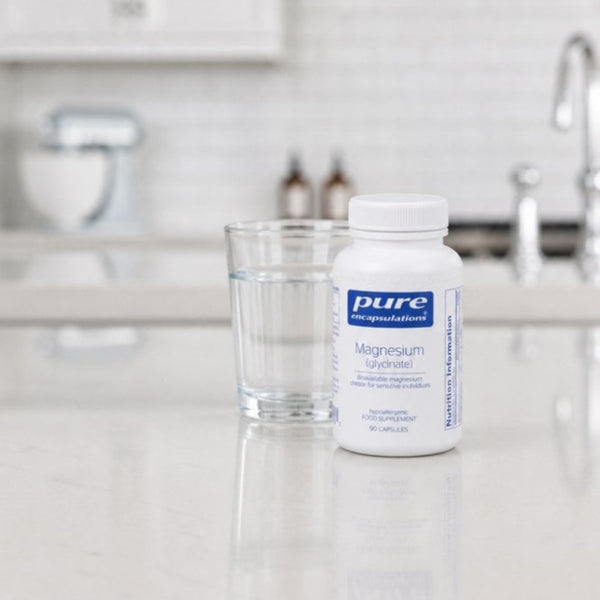 A bottle of Pure Encapsulations Magnesium Glycinate next to a glass of water on a light marble countertop in a blurred kitchen setting.