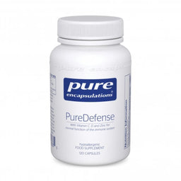 A white plastic bottle of Pure Encapsulations PureDefense food supplement with a blue and white label, on a white background.