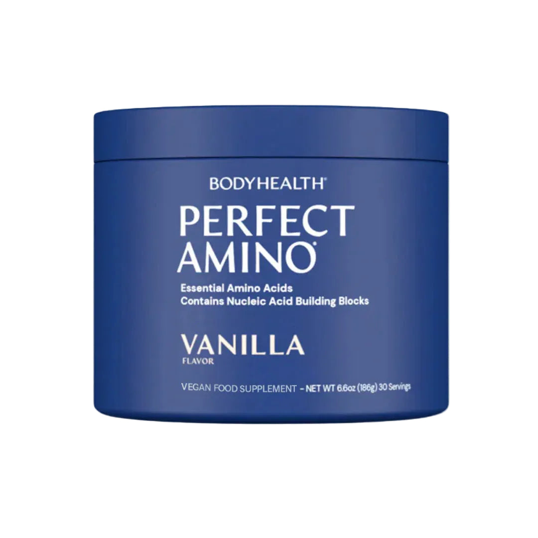 Blue container of BODYHEALTH Perfect Amino with vanilla flavor on a white background
