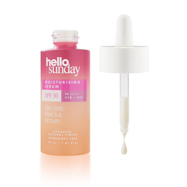 Hello Sunday moisturizing serum bottle with dropper on a white background