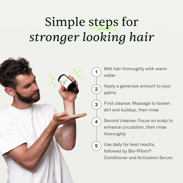Man holding a bottle with steps for stronger looking hair on a white background