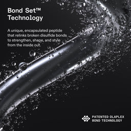 Promotional graphic for Bond Set Technology featuring a curved strand of clear silicone or acrylic material on a black background with water droplets. White text explains the patented encapsulated peptide technology, with the Bond Set Technology logo and the Olaplex brand name in the bottom right corner.
