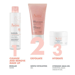 Avene skincare products with step-by-step instructions on a white background