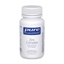 A white plastic bottle of Pure Encapsulations Zinc Complex dietary supplement with a white ribbed cap, on a clean white background.
