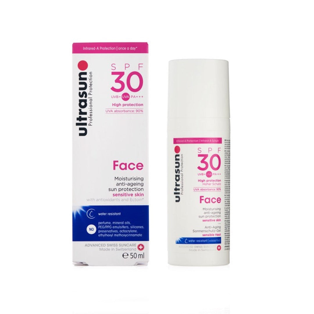 White Ultrasun Face SPF 30 50ml bottle with white box