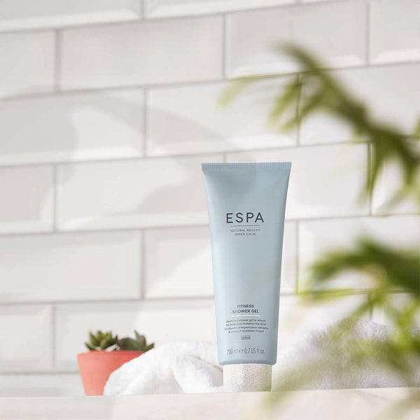 ESPA Fitness Shower Gel on a bathroom counter top