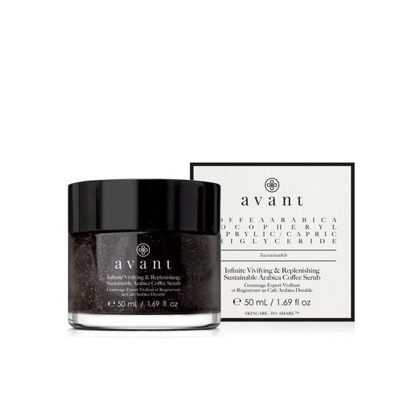 Avant Skincare Infinite Vivifying & Replenishing Sustainable Arabica Coffee Scrub and packaging