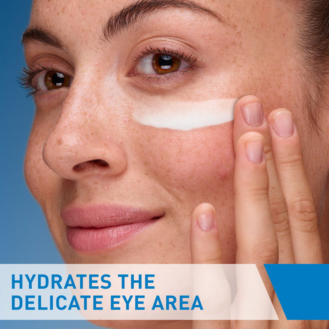 Model applying CeraVe Eye Repair Cream to her face