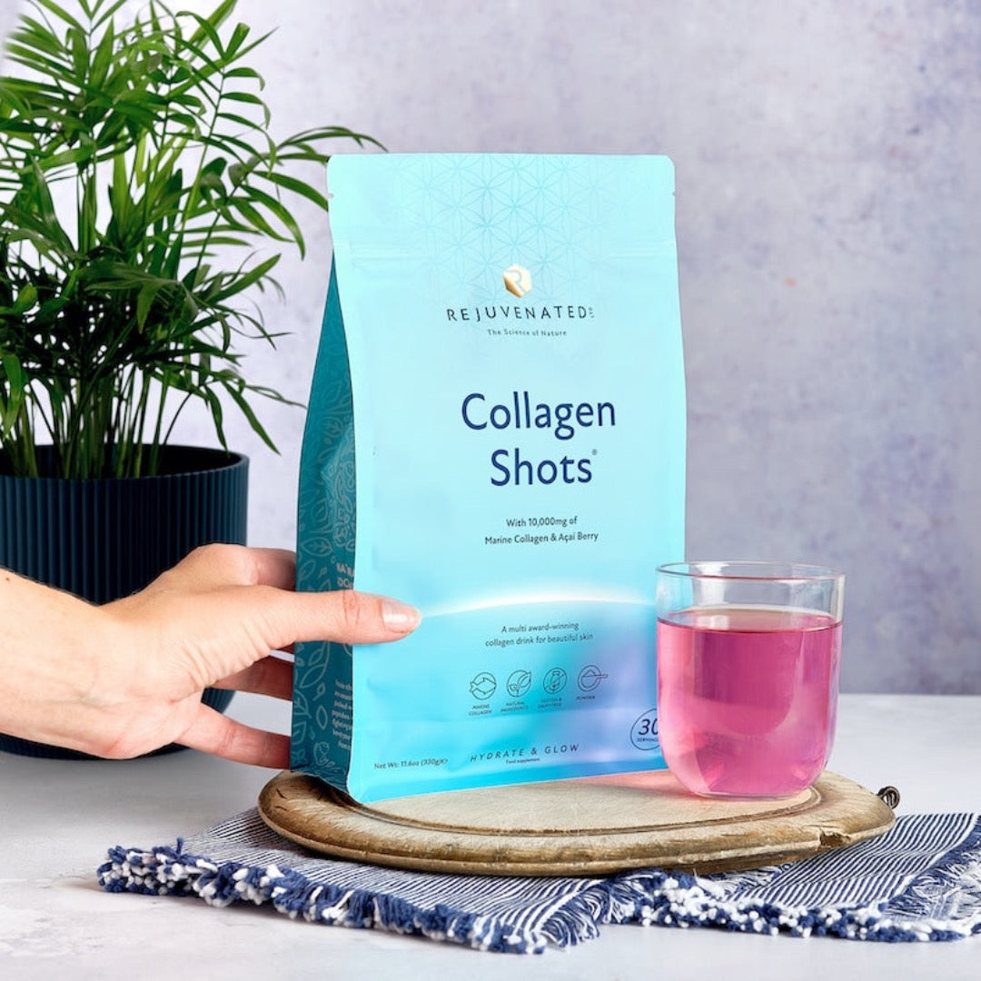 a bag of Rejuvenated Collagen Drink Shots with a full cup