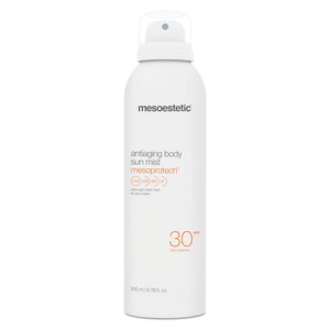 A spray can of mesoestetic Mesoprotech Antiaging Body Sun Mist SPF 30