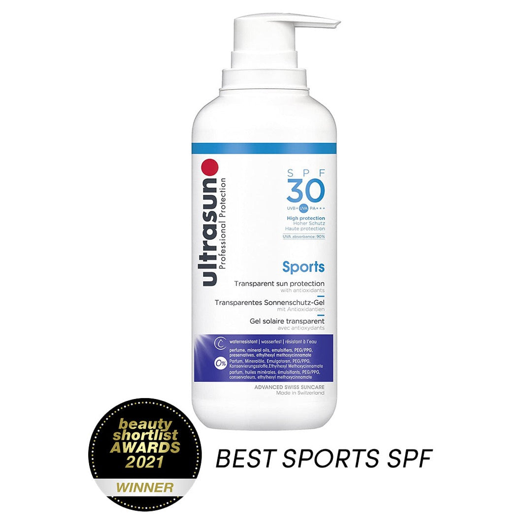 Ultrasun Sports Gel SPF 30 400ml with beauty shortlist AWARDS 2021 Winner logo