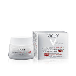 Silver Vichy Liftactiv Supreme Spf30 50ml tub next to silver box